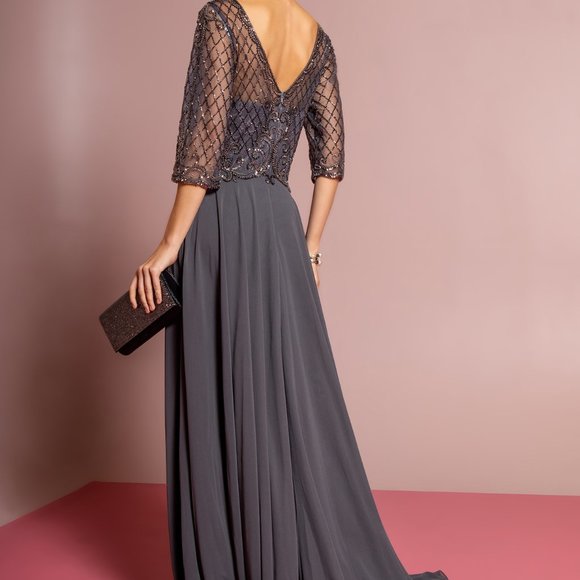 NEW CHARCOAL GRAY MOTHER OF BRIDE  Illusion Sweetheart Neck A-Line Dress GL2686 - Picture 5 of 7